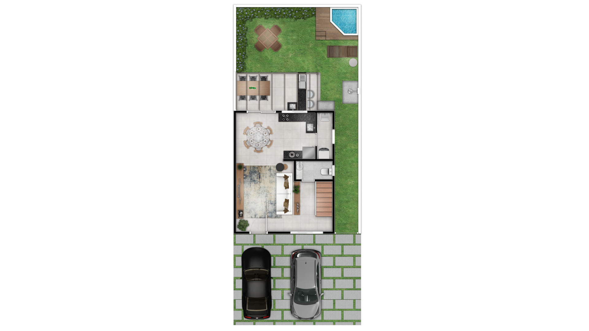 Galeria: Planta 2 vagas de garagem, 40m2 de quintal, sala ampla e cozinha integrada