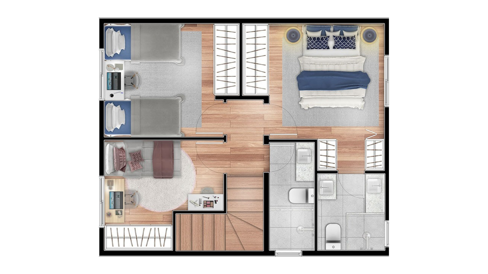 Galeria: Planta 90 m² com 3 dorms.